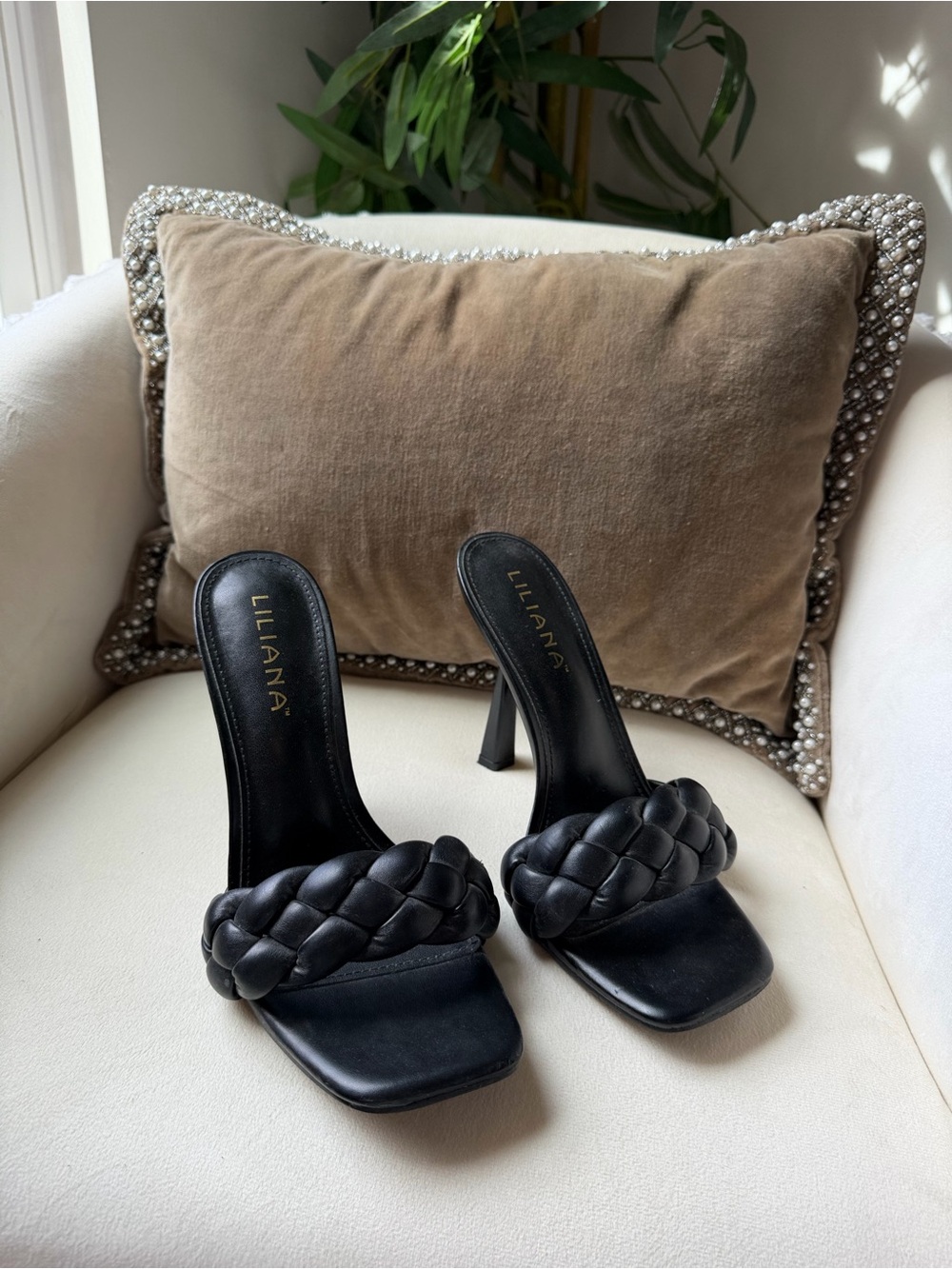 Liliana Black Braided Strap Square-Toe High Heel Mules